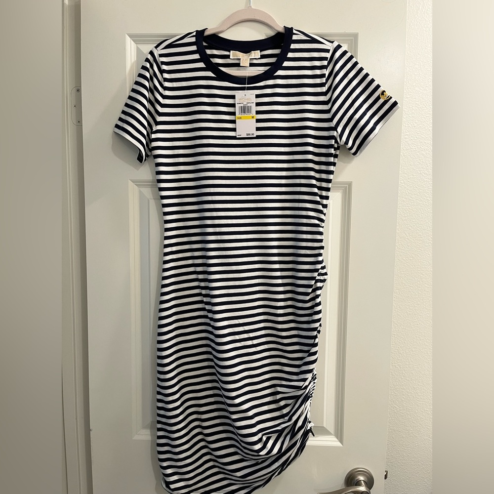 Micheal Kors navy white striped short sleeve dress NWT